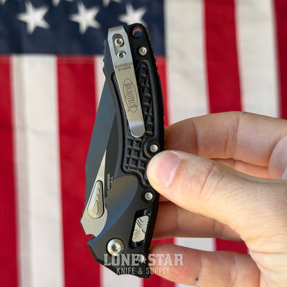 Microtech Amphibian Mini Ram-Lok Knife – 3.38" M390 Blade, Two-Tone, Black Frag Aluminum – Made in USA (137MRL-1FR)