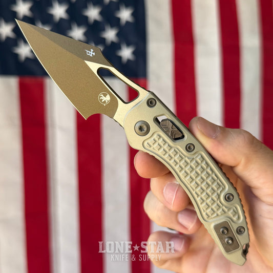 Microtech M-Stitch Ram-Lok Knife, 3" Blade, Champagne, Made in USA (169MRL-1FRCG-C19Z23)