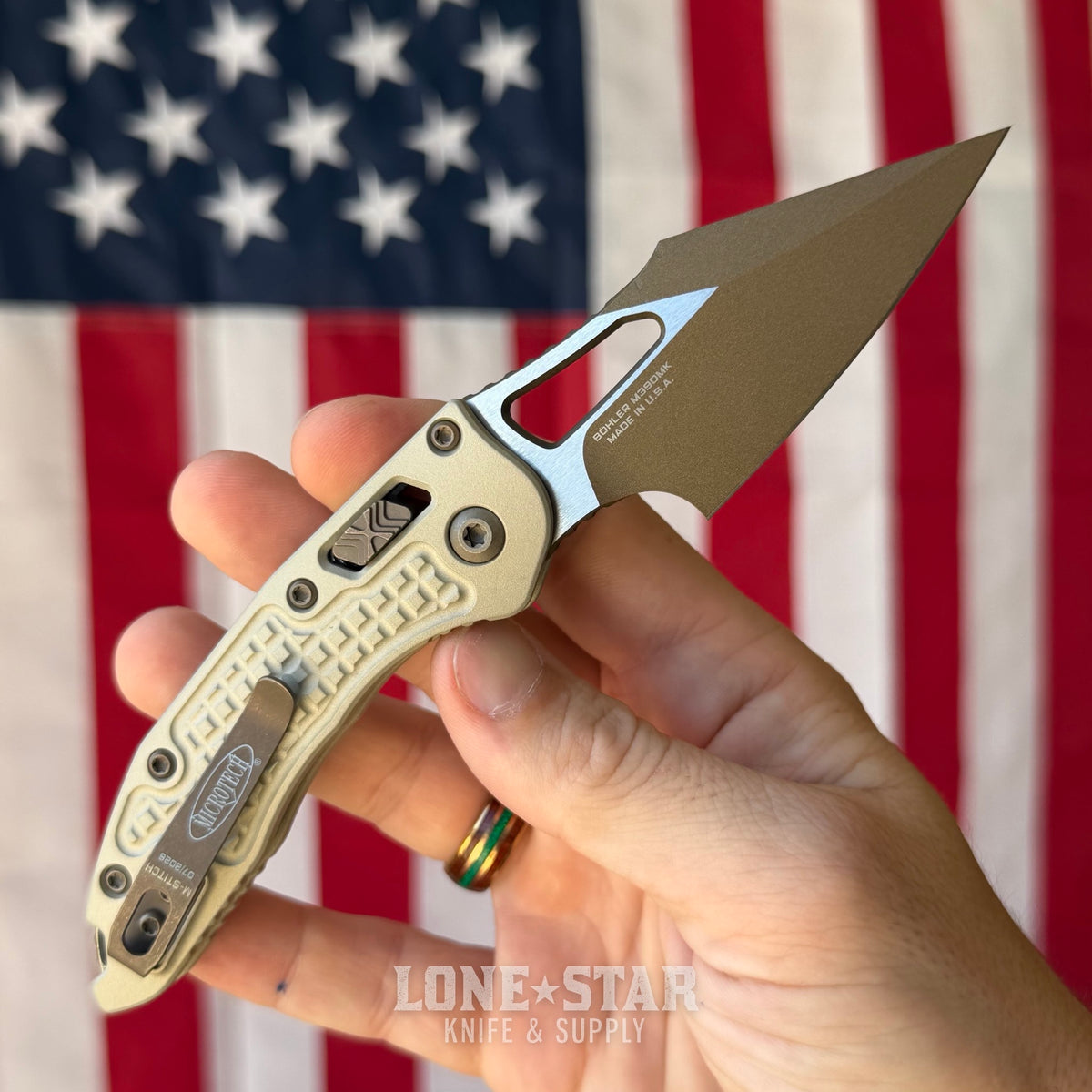 Microtech M-Stitch Ram-Lok Knife, 3" Blade, Champagne, Made in USA (169MRL-1FRCG-C19Z23)