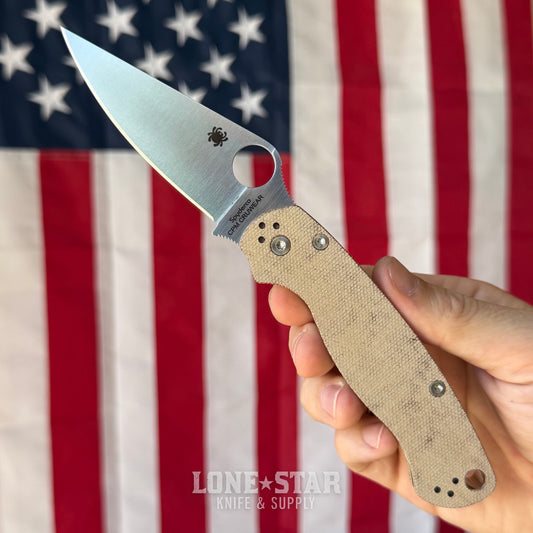 Spyderco Para Military 2 (PM2) Knife, 3.4" Satin CPM CruWear, Brown Micarta, Made in USA (SC81MPCW2)