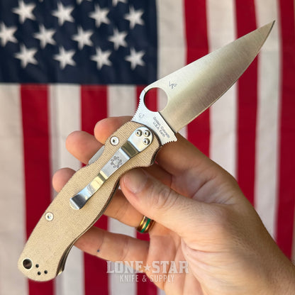 Spyderco Para Military 2 (PM2) Knife, 3.4" Satin CPM CruWear, Brown Micarta, Made in USA (SC81MPCW2)