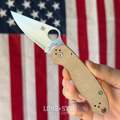 Spyderco Para 3 Knife, 2.95" Satin CPM CruWear, Natural Canvas Micarta, Compression Lock, Made in USA (SC223MPCW)