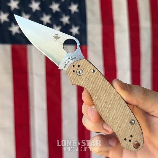 Spyderco Para 3 CruWear & Micarta Compression Lock Folding Knife 2.95" CPM CruWear Satin Plain Blade, Brown Canvas Micarta Handles