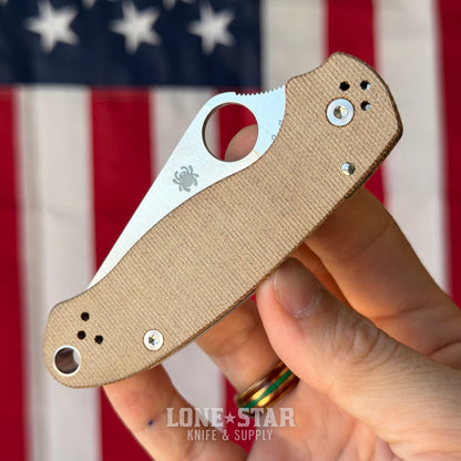 Spyderco Para 3 Knife, 2.95" Satin CPM CruWear, Natural Canvas Micarta, Compression Lock, Made in USA (SC223MPCW)