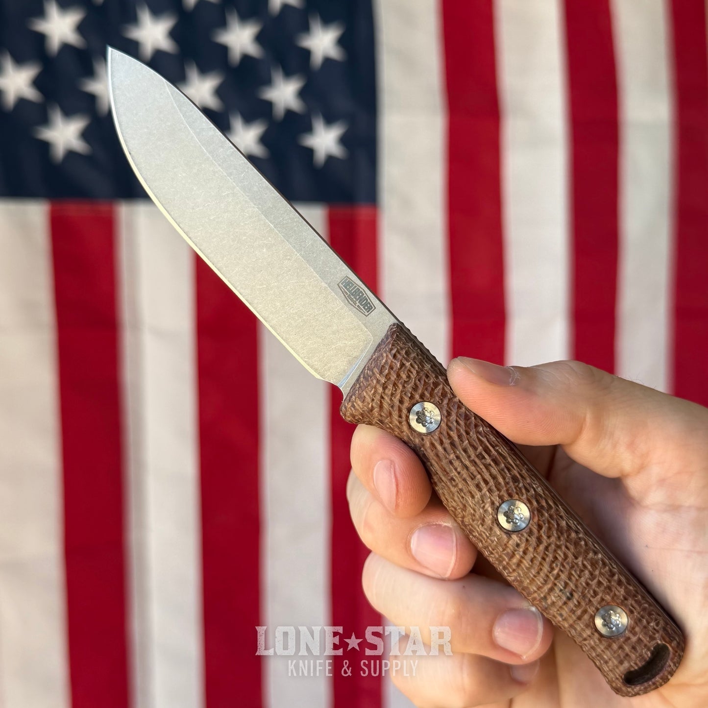 Hellbender Mudpup 4, 3.75" CPM-MagnaCut Drop Point, Burlap Micarta, Leather Sheath, Made in USA