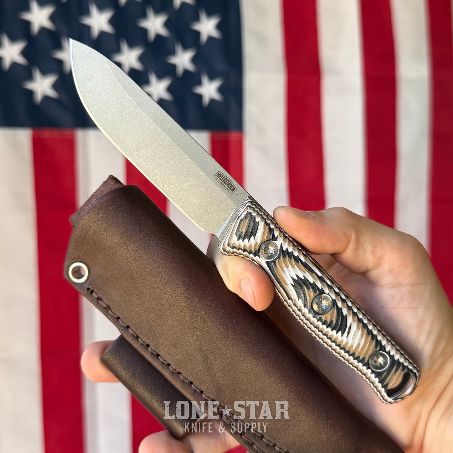 Hellbender Mudpup 4, 3.75" CPM-MagnaCut Drop Point, Multicolored G10, Leather Sheath, Made in USA