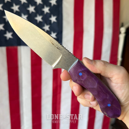 The Back Door: Bradford Guardian 4.2, 4.83" High Hardness MagnaCut Drop Point, Custom Purple Flame Maple Scales - Made in USA (Trade In & Blem)