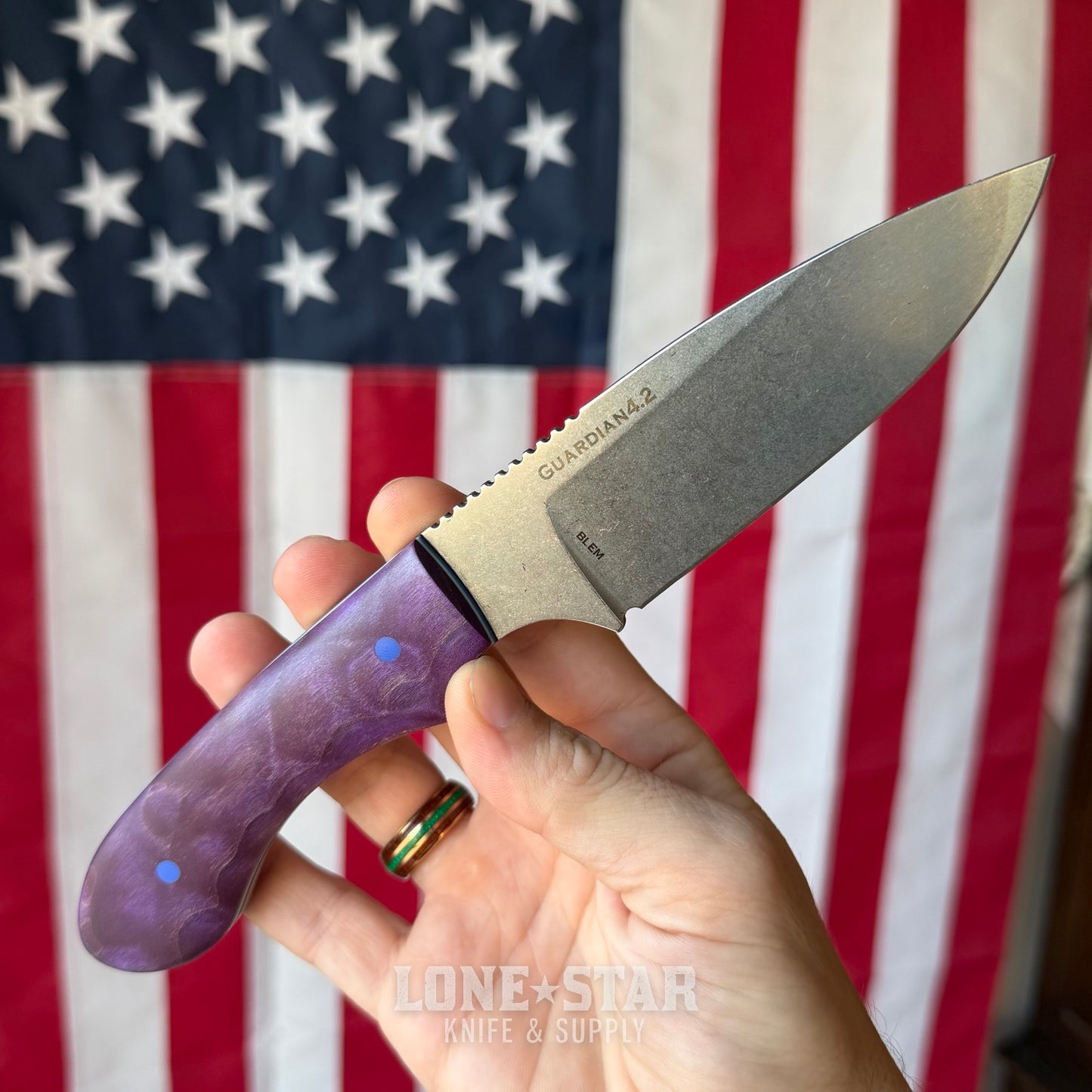 The Back Door: Bradford Guardian 4.2, 4.83" High Hardness MagnaCut Drop Point, Custom Purple Flame Maple Scales - Made in USA (Trade In & Blem)