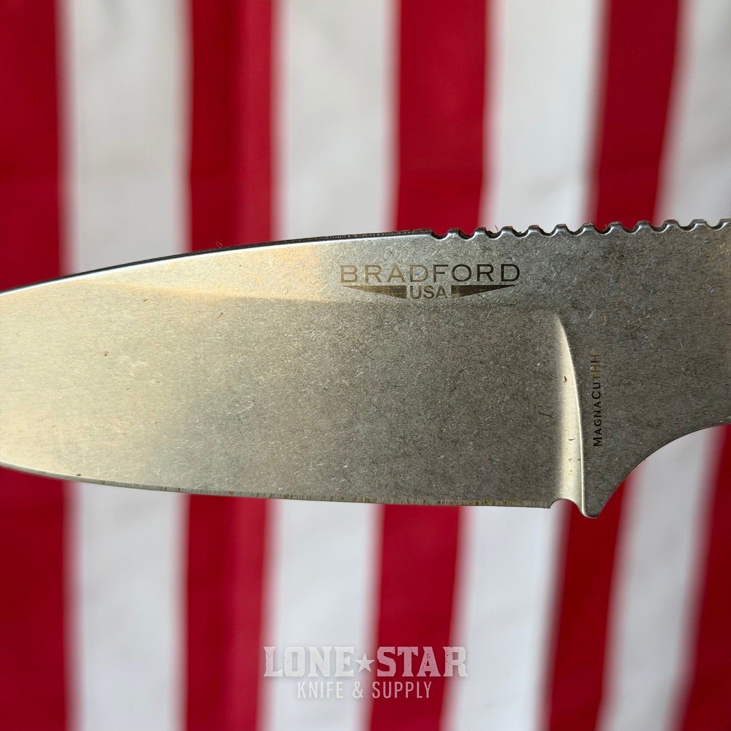 The Back Door: Bradford Guardian 4.2, 4.83" High Hardness MagnaCut Drop Point, Custom Purple Flame Maple Scales - Made in USA (Trade In & Blem)