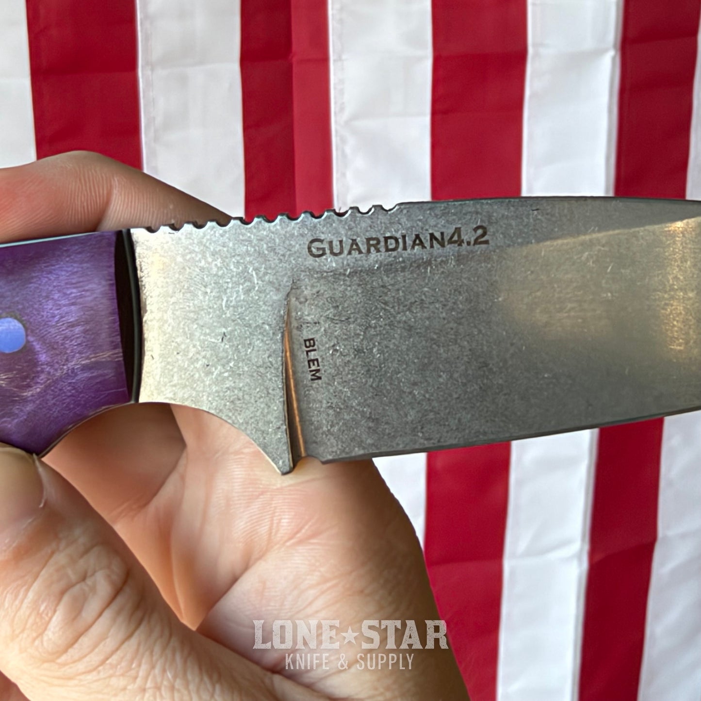 The Back Door: Bradford Guardian 4.2, 4.83" High Hardness MagnaCut Drop Point, Custom Purple Flame Maple Scales - Made in USA (Trade In & Blem)