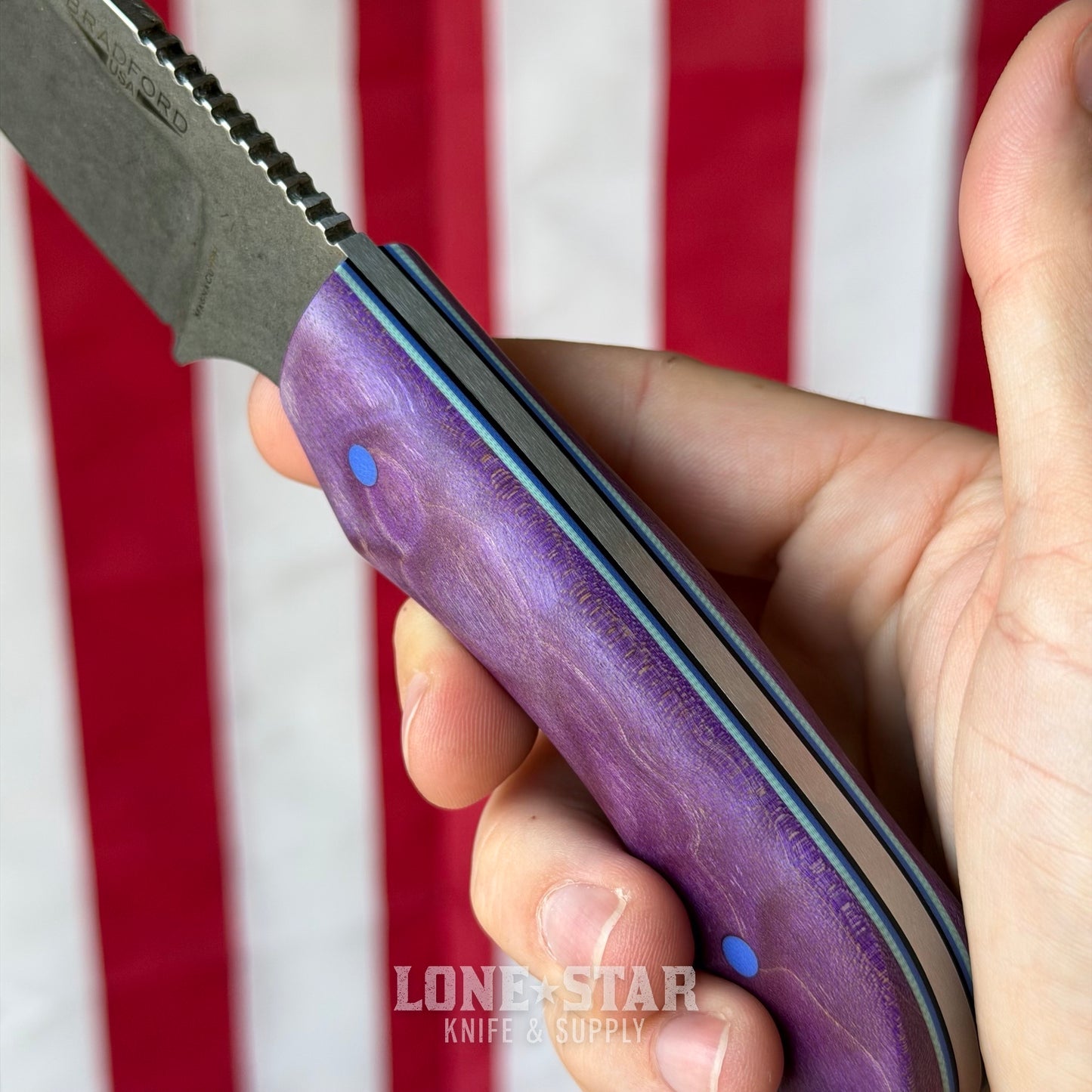 The Back Door: Bradford Guardian 4.2, 4.83" High Hardness MagnaCut Drop Point, Custom Purple Flame Maple Scales - Made in USA (Trade In & Blem)