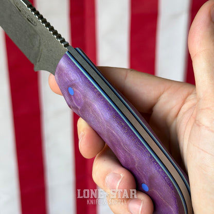 The Back Door: Bradford Guardian 4.2, 4.83" High Hardness MagnaCut Drop Point, Custom Purple Flame Maple Scales - Made in USA (Trade In & Blem)