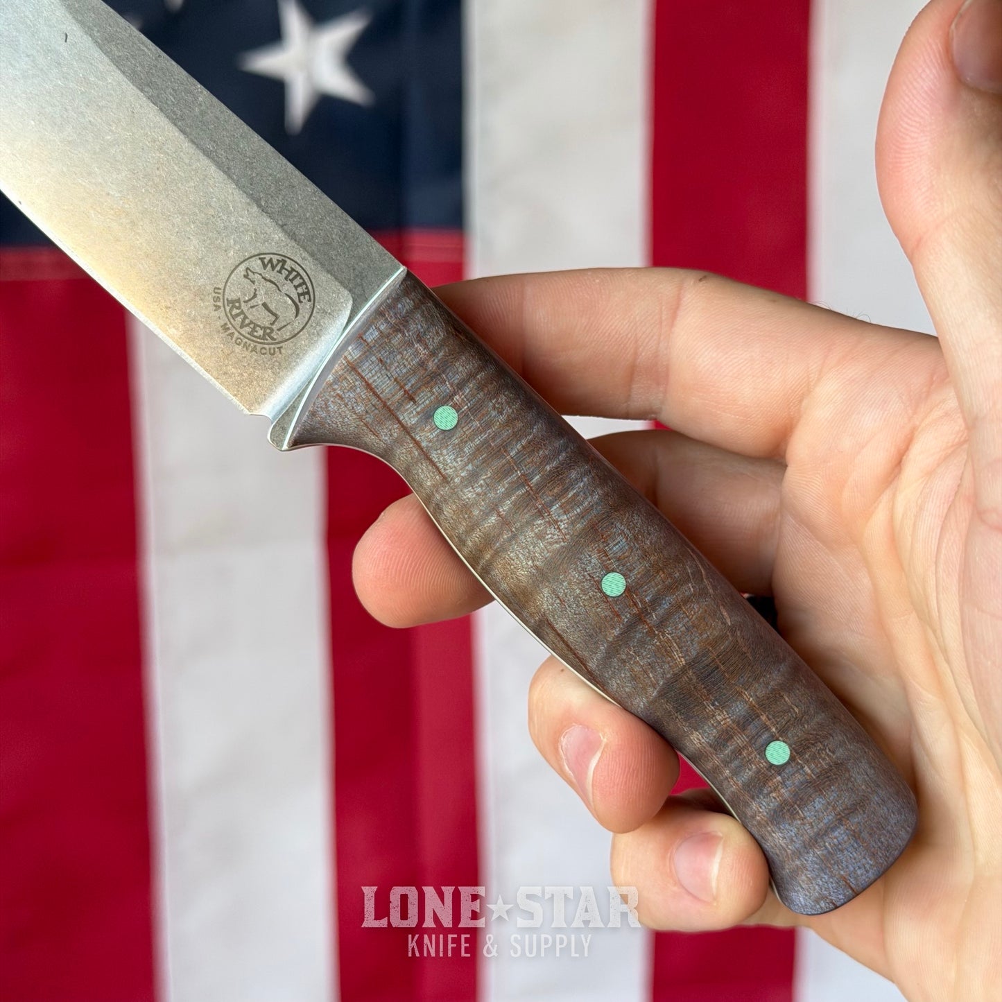 The Back Door: White River Ursus Cub, 3.5" MagnaCut Drop Point, Custom Blue Flame Maple Scales, Kydex Sheath - Made in USA