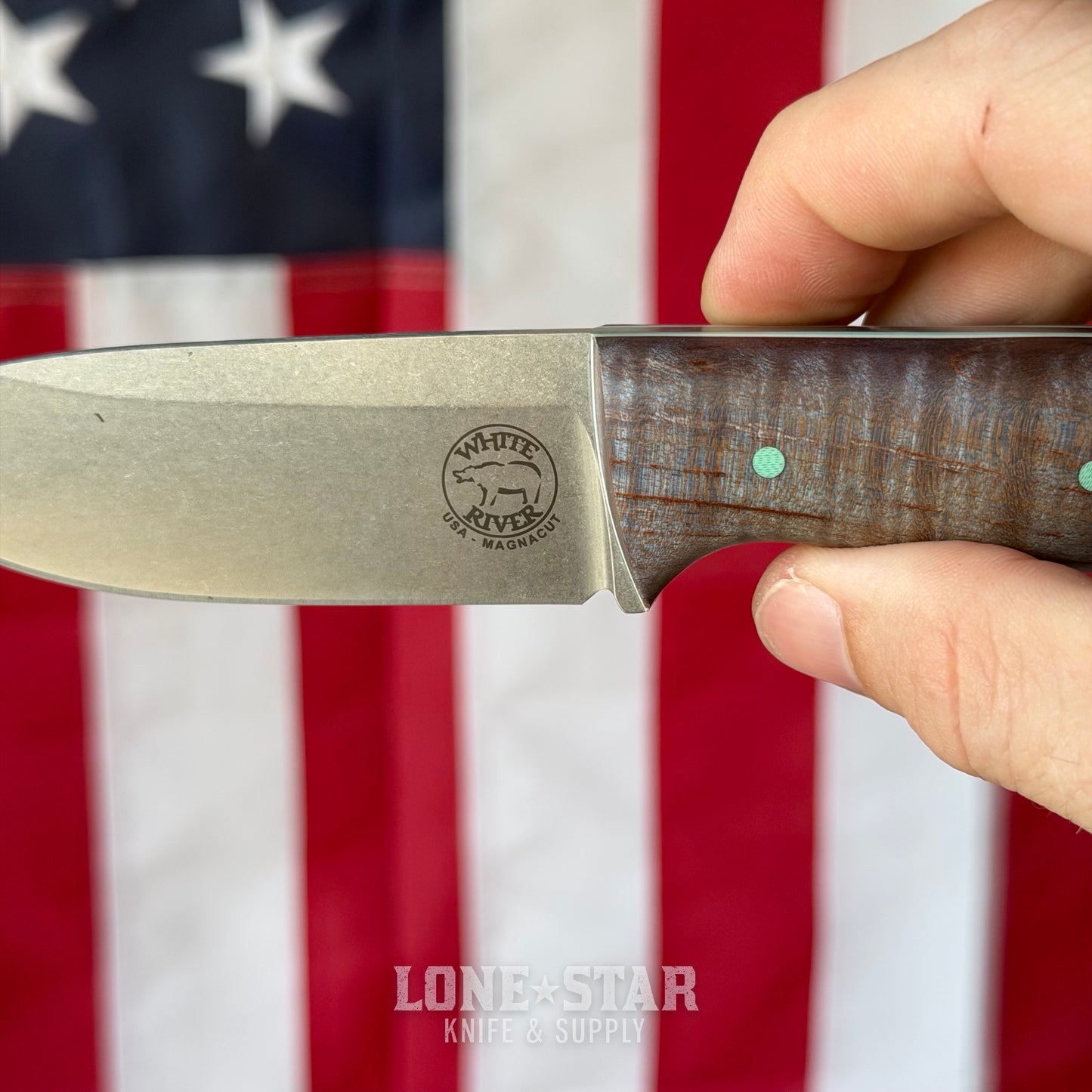 The Back Door: White River Ursus Cub, 3.5" MagnaCut Drop Point, Custom Blue Flame Maple Scales, Kydex Sheath - Made in USA