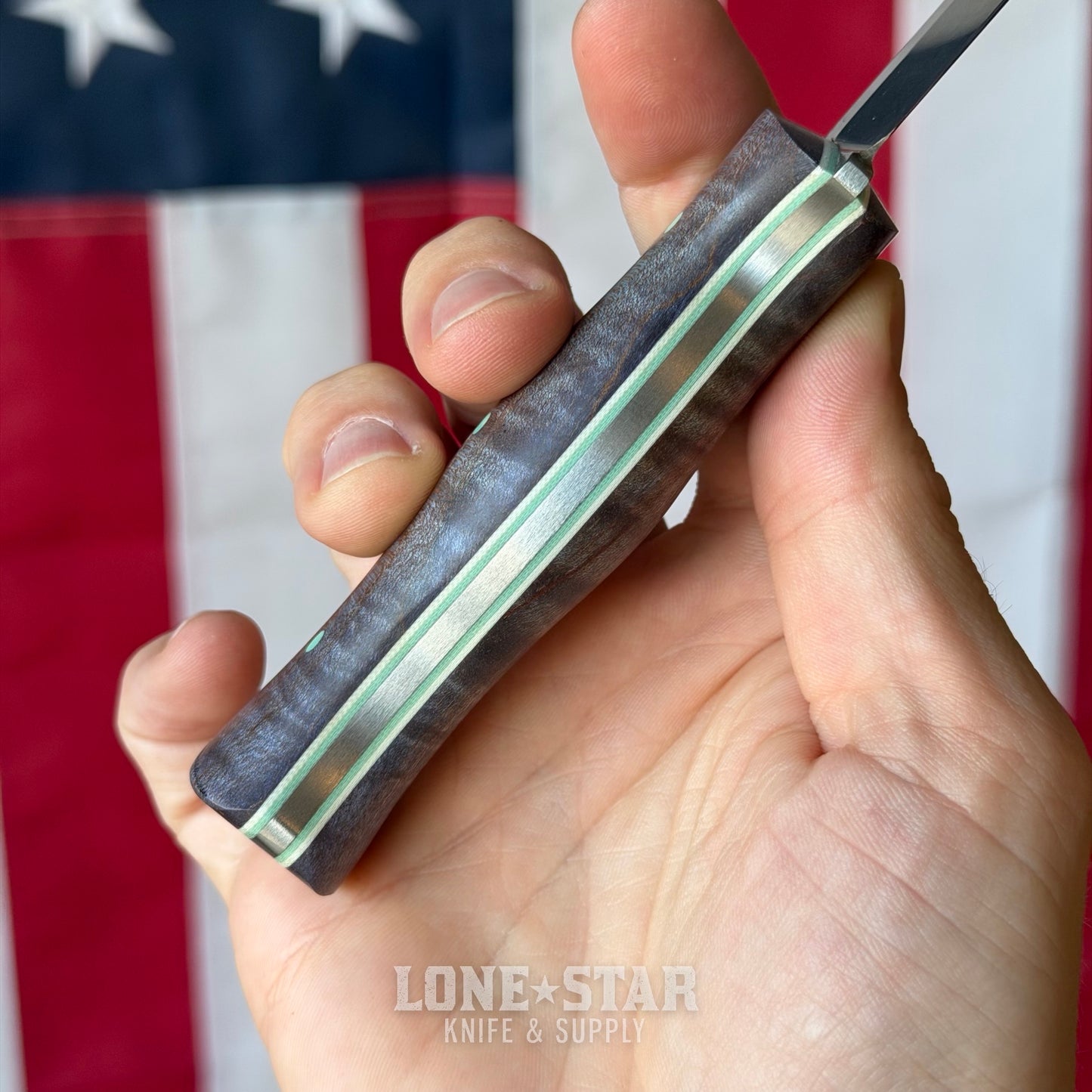 The Back Door: White River Ursus Cub, 3.5" MagnaCut Drop Point, Custom Blue Flame Maple Scales, Kydex Sheath - Made in USA