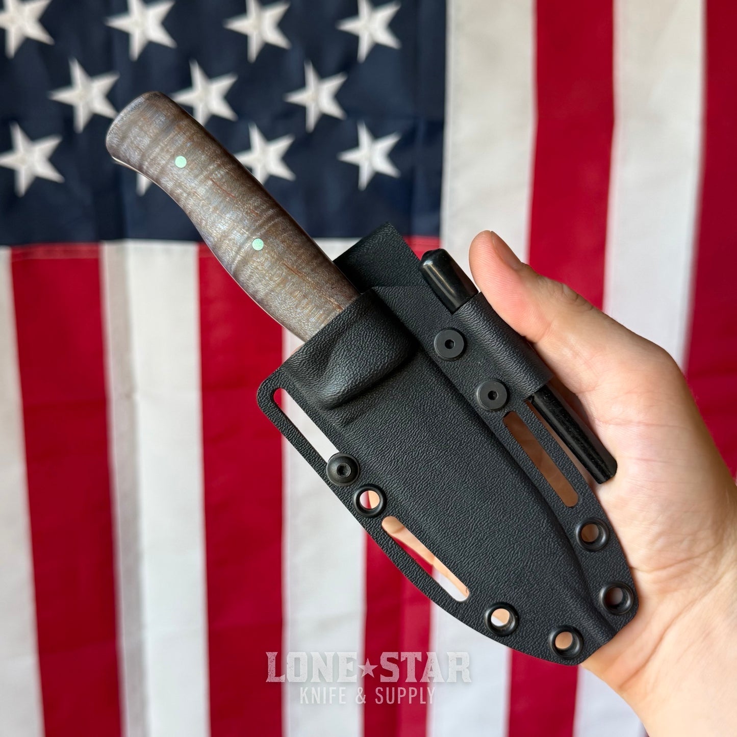 The Back Door: White River Ursus Cub, 3.5" MagnaCut Drop Point, Custom Blue Flame Maple Scales, Kydex Sheath - Made in USA