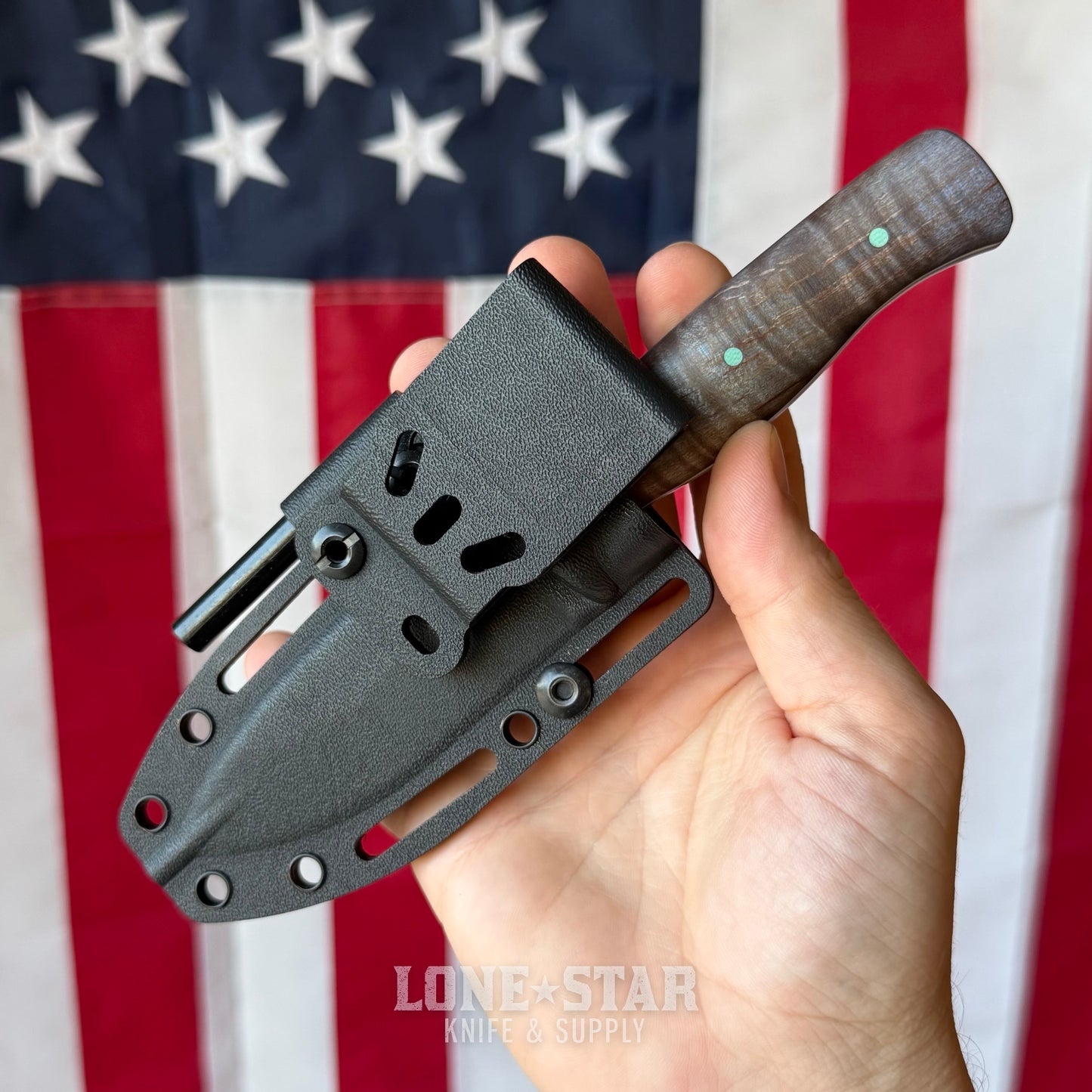 The Back Door: White River Ursus Cub, 3.5" MagnaCut Drop Point, Custom Blue Flame Maple Scales, Kydex Sheath - Made in USA