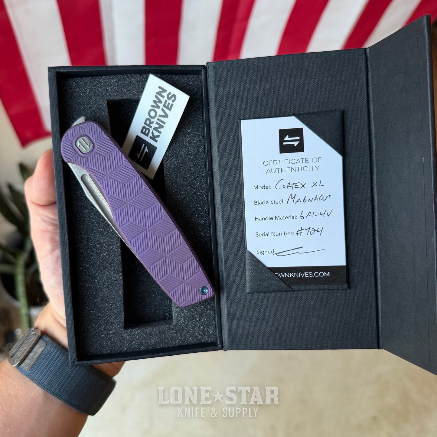 The Back Door: Brown Knives Cortex XL, 3.45" MagnaCut Front Flipper, Titanium, Serial 724 - Made in USA (Trade In)