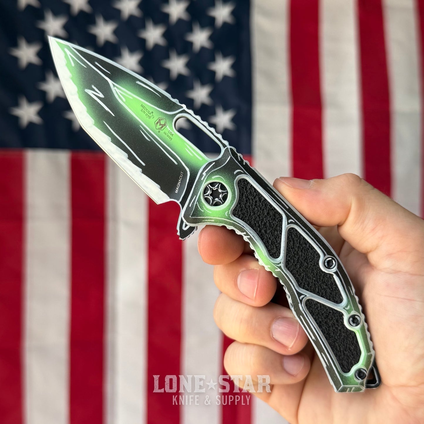 The Back Door: Heretic Medusa Manual Knife - Toxic Green Cel Shade, 3" MagnaCut Tanto, Cerakote Blade and Handle, Serial 078 - Made in USA (H010-CS-TX) (Trade In)