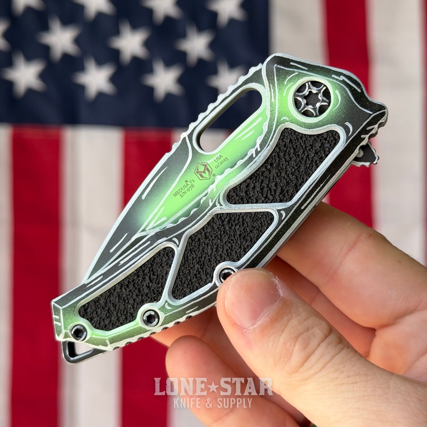 The Back Door: Heretic Medusa Manual Knife - Toxic Green Cel Shade, 3" MagnaCut Tanto, Cerakote Blade and Handle, Serial 078 - Made in USA (H010-CS-TX) (Trade In)