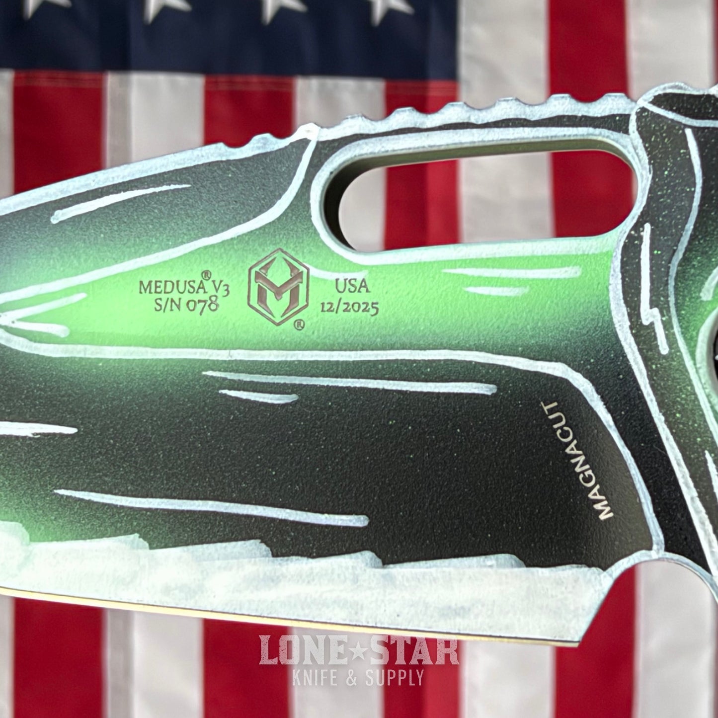 The Back Door: Heretic Medusa Manual Knife - Toxic Green Cel Shade, 3" MagnaCut Tanto, Cerakote Blade and Handle, Serial 078 - Made in USA (H010-CS-TX) (Trade In)