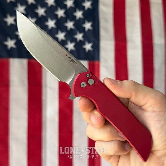 The Back Door: Pro-Tech Mordax Folding Knife - Red Aluminum, 3.75" CPM-20CV Drop Point, Button Lock Flipper - Made in USA (MX101-RED 20CV) (Trade In)