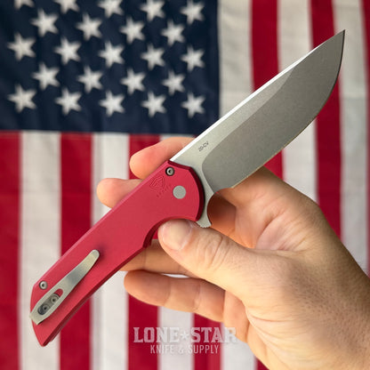 The Back Door: Pro-Tech Mordax Folding Knife - Red Aluminum, 3.75" CPM-20CV Drop Point, Button Lock Flipper - Made in USA (MX101-RED 20CV) (Trade In)