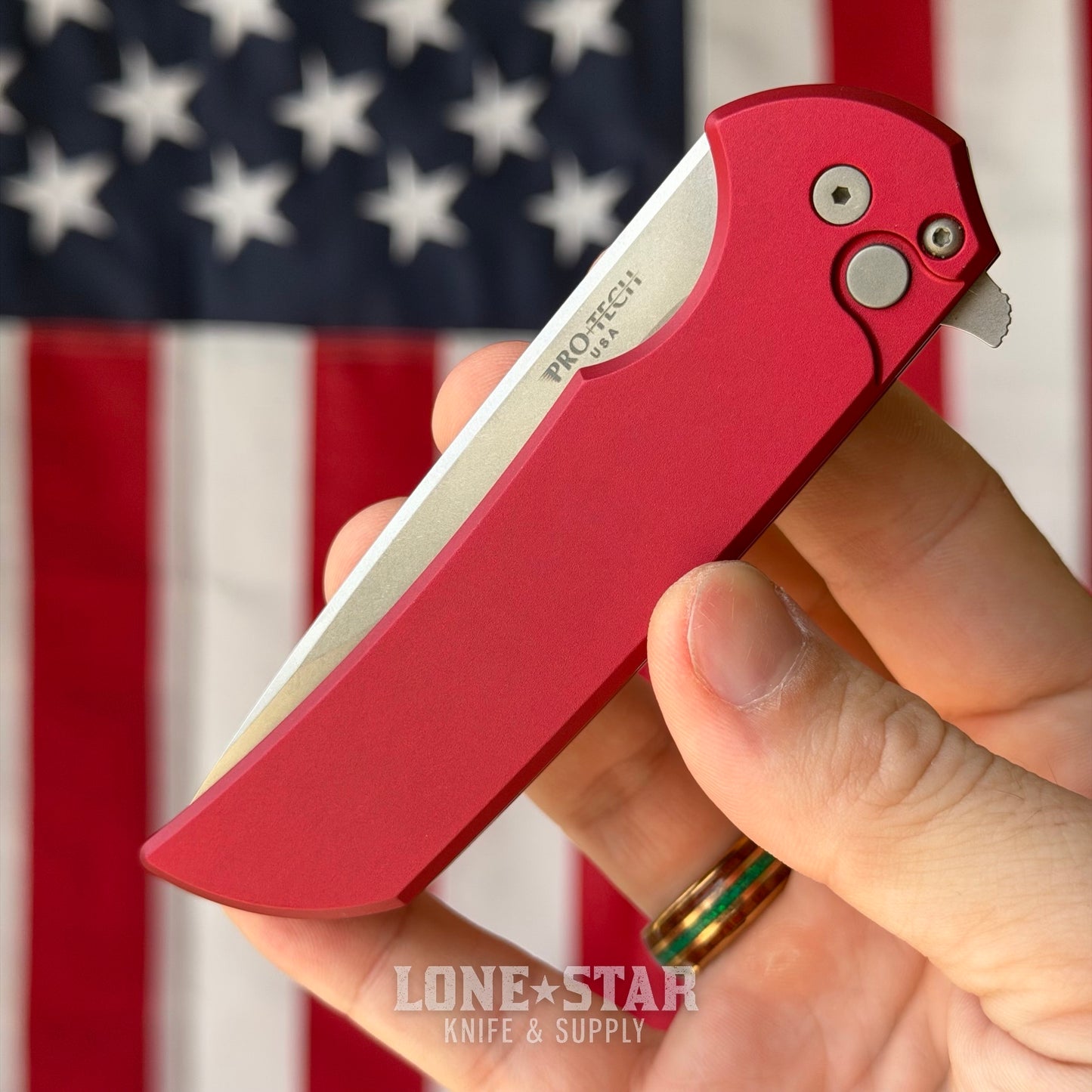 The Back Door: Pro-Tech Mordax Folding Knife - Red Aluminum, 3.75" CPM-20CV Drop Point, Button Lock Flipper - Made in USA (MX101-RED 20CV) (Trade In)