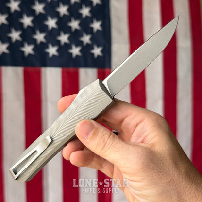Core Edge USA 0331 Pulsar OTF Auto Knife - Natural Aluminum, 3.35" MagnaCut Drop Point, Single Edge - Made in USA