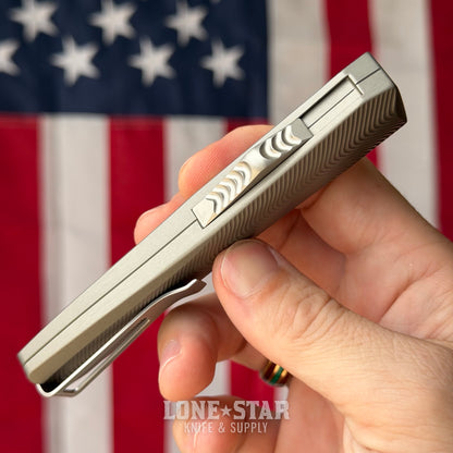 Core Edge USA 0331 Pulsar OTF Auto Knife - Natural Aluminum, 3.35" MagnaCut Drop Point, Single Edge - Made in USA