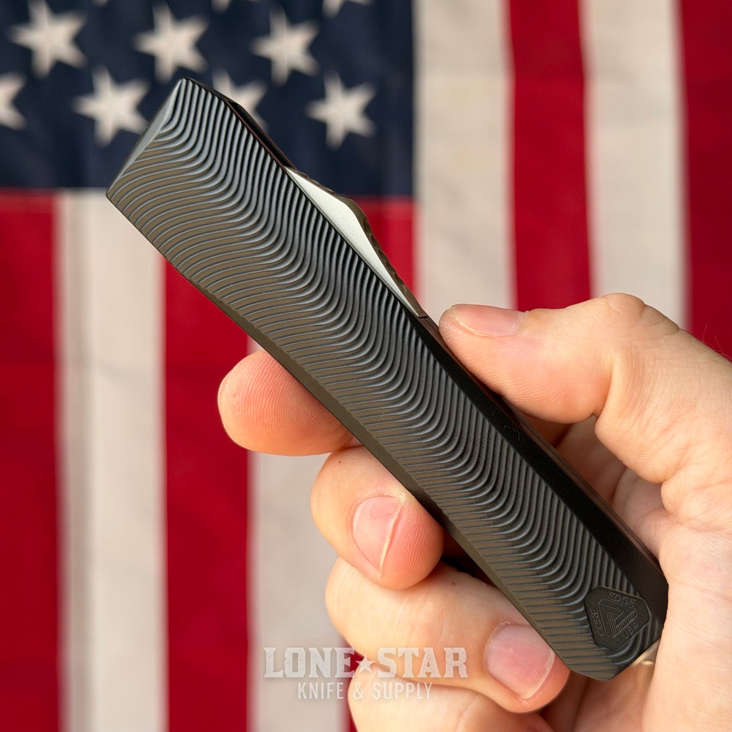Core Edge USA 0331 Pulsar OTF Auto Knife - Black Aluminum, 3.35" MagnaCut Drop Point, Single Edge - Made in USA