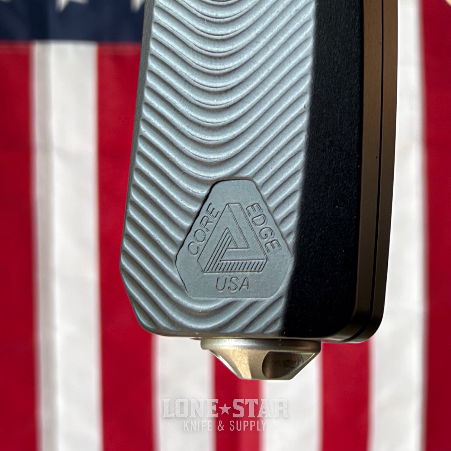 Core Edge USA 0331 Pulsar OTF Auto Knife - Black Aluminum, 3.35" MagnaCut Drop Point, Single Edge - Made in USA