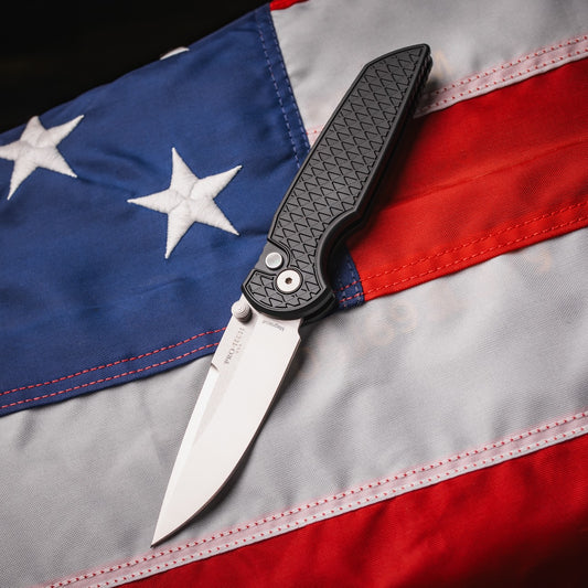 Pro-Tech TR-3 Integrity 3.5 inch MagnaCut Knife, Relic Textured Black Aluminum Handle, Satin Blade – Made in USA (INT1105-LTD)