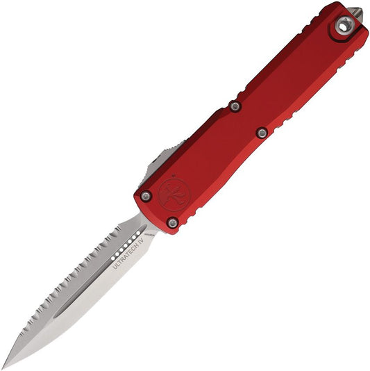 Microtech Ultratech Gen IV Auto Knife – 3.5” Serrated Double Edge Dagger, Stonewash, Red Handle, OTF – Made in USA (11224-12RD)