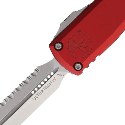 Microtech Ultratech Gen IV Auto Knife – 3.5” Serrated Double Edge Dagger, Stonewash, Red Handle, OTF – Made in USA (11224-12RD)