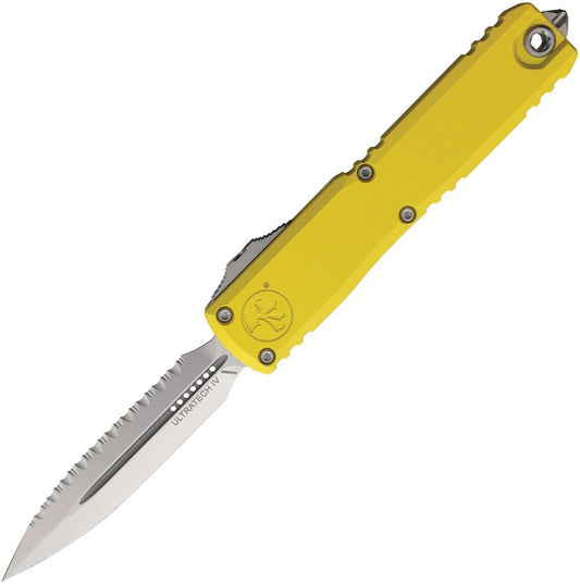 Microtech Auto Ultratech Gen IV 3.5" D/E OTF – Yellow Handle, M390MK Stonewash Full Serrated, Ram-Lok – Made in USA (MCT1122412YW)