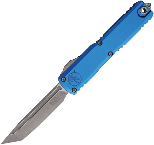 Microtech Ultratech Gen IV Auto Knife – 3.5” Tanto Blade, Apocalyptic Finish, Blue Handle, OTF – Made in USA (11234-10APBL)