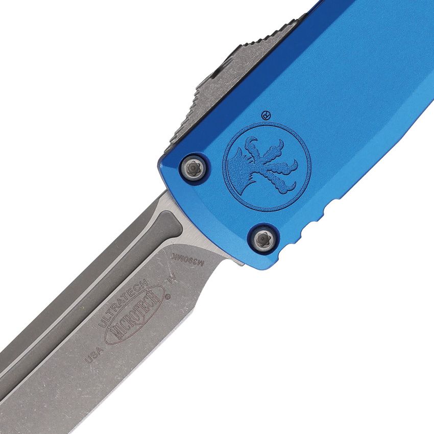 Microtech Ultratech Gen IV Auto Knife – 3.5” Tanto Blade, Apocalyptic Finish, Blue Handle, OTF – Made in USA (11234-10APBL)