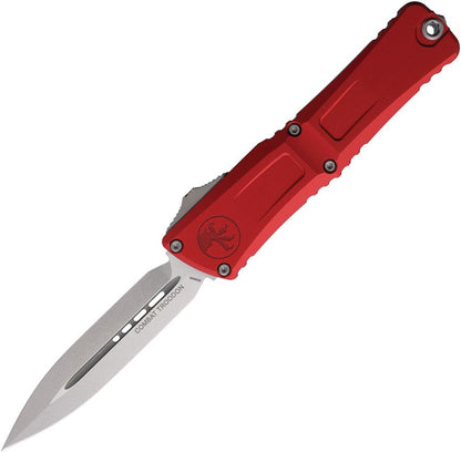 Microtech Combat Troodon Gen III Auto Knife – 4.0” Double Edge Blade, Stonewash, Red Handle, OTF – Made in USA (1142-10RD)