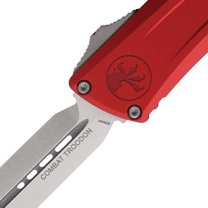 Microtech Combat Troodon Gen III Auto Knife – 4.0” Double Edge Blade, Stonewash, Red Handle, OTF – Made in USA (1142-10RD)