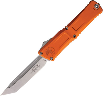 Microtech Combat Troodon Gen III Auto Knife – 4.0” Tanto Blade, Stonewash, Orange Handle, OTF – Made in USA (1144-10OR)