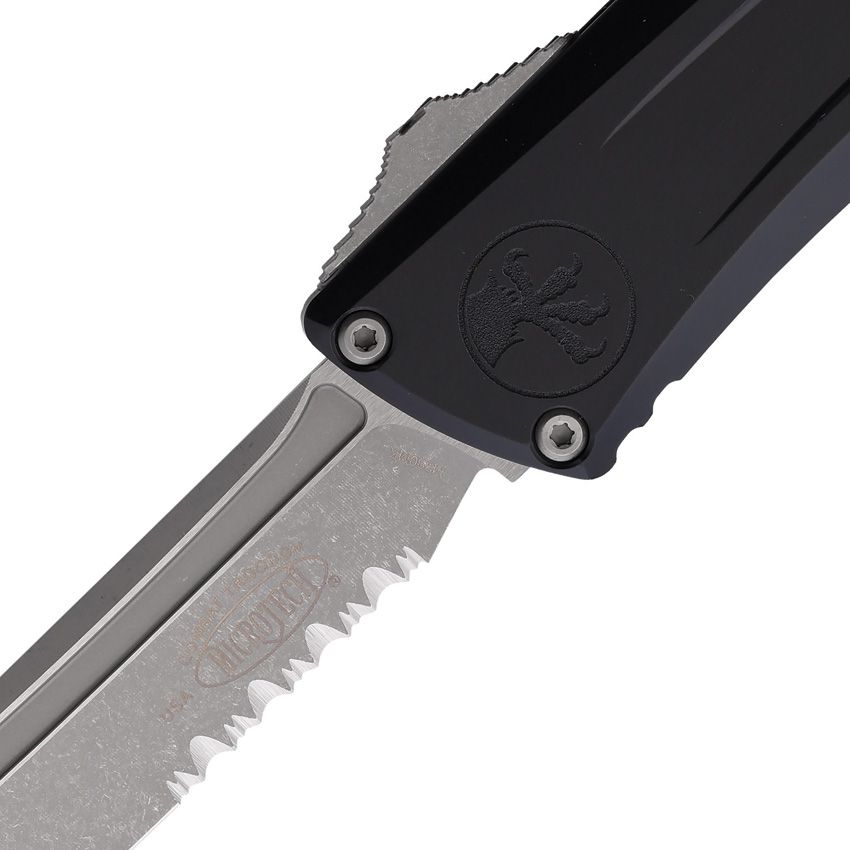 Microtech Combat Troodon Gen III Auto Knife – 4.0” Tanto Blade, Apocalyptic Part Serrated, Black Handle, OTF – Made in USA (1144-11AP)