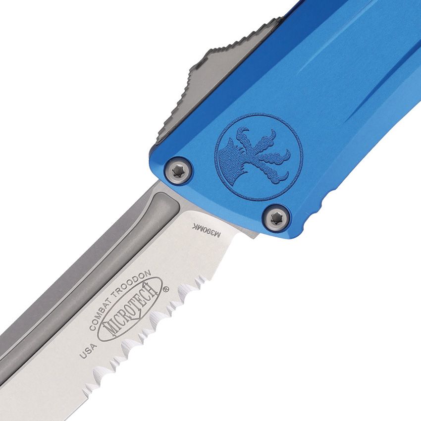Combat Troodon Gen III Automatic Knife – Blue Aluminum Handle, 4″ Stonewash Partially Serrated Tanto Blade (MCT114411BL)