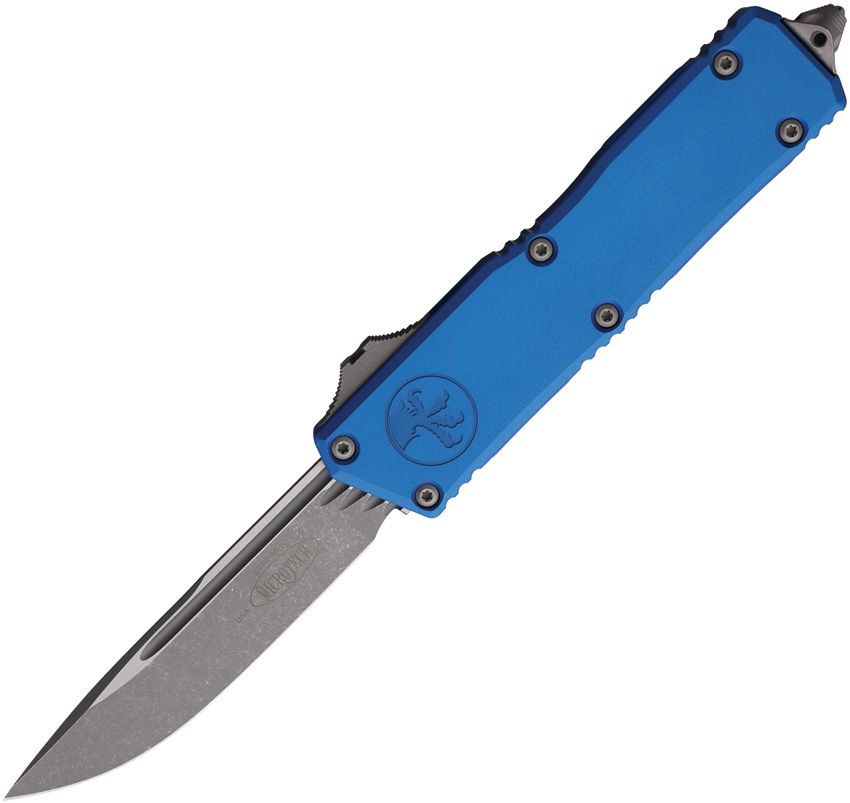 Microtech Scarab II Gen III Executive Auto Knife – 4.0” Blade, Apocalyptic Finish, Blue Handle, OTF – Made in USA (1176-10APBL)