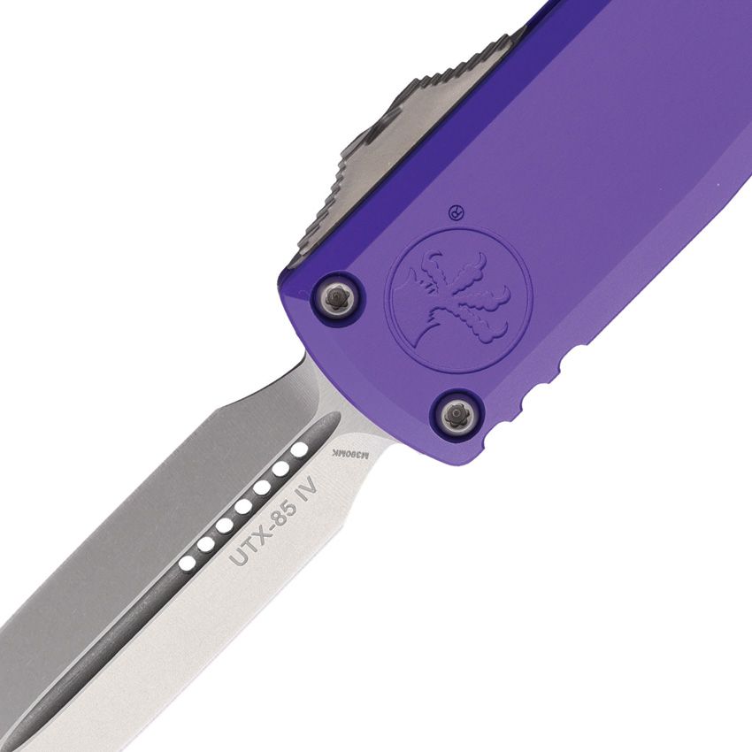 Microtech UTX-85 D/E Gen IV OTF – Purple Aluminum Handle, Stonewash Double-Edge Bohler M390MK Blade – Made in USA (MCT1232410PU)