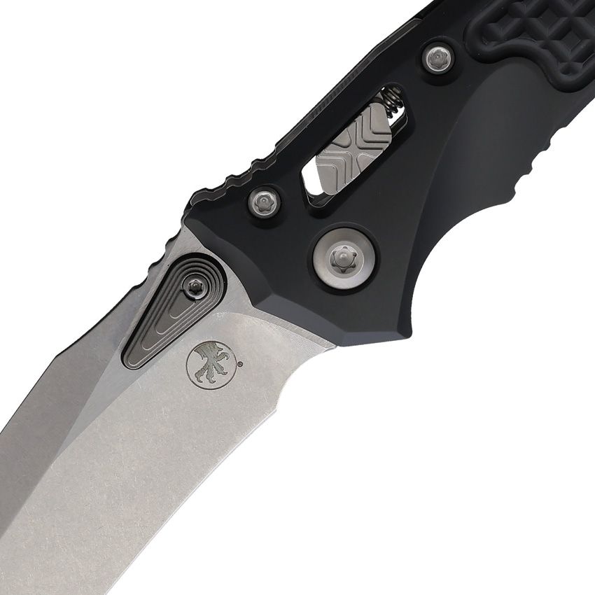Microtech Amphibian Mini Ram-Lok Knife – 3.25" M390MK Blade, Black Frag Aluminum, Stonewash – Made in USA (137MRL-10FR)