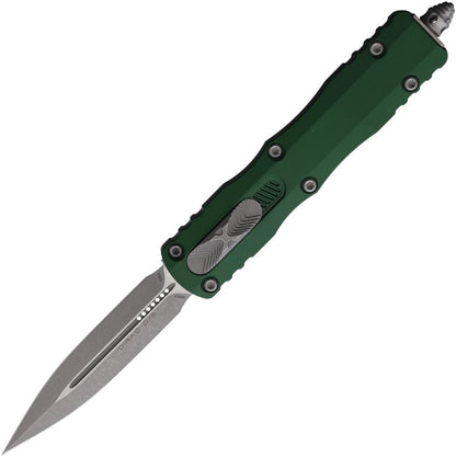 Microtech Dirac Auto OTF Knife – 3.0” Double Edge Blade, Apocalyptic Finish, Emerald Green Handle – Made in USA (225-10APEG)