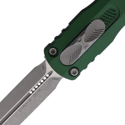 Microtech Dirac Auto OTF Knife – 3.0” Double Edge Blade, Apocalyptic Finish, Emerald Green Handle – Made in USA (225-10APEG)