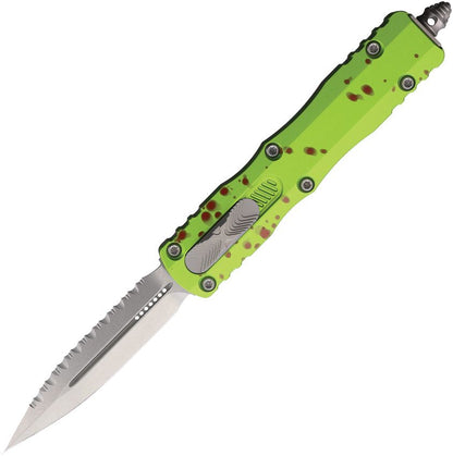 Microtech Dirac Auto OTF Knife – 3.0” Double Edge Serrated Blade, Stonewash, Zombie-Tech Handle – Made in USA (225-12Z)