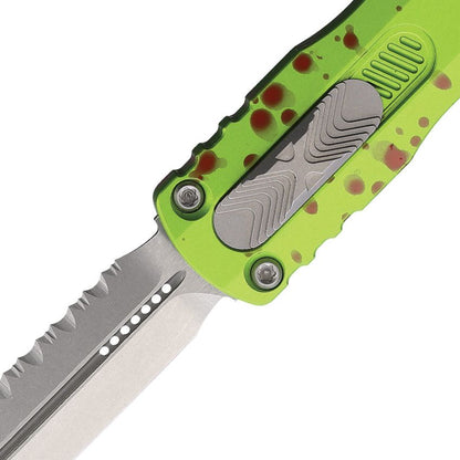Microtech Dirac Auto OTF Knife – 3.0” Double Edge Serrated Blade, Stonewash, Zombie-Tech Handle – Made in USA (225-12Z)